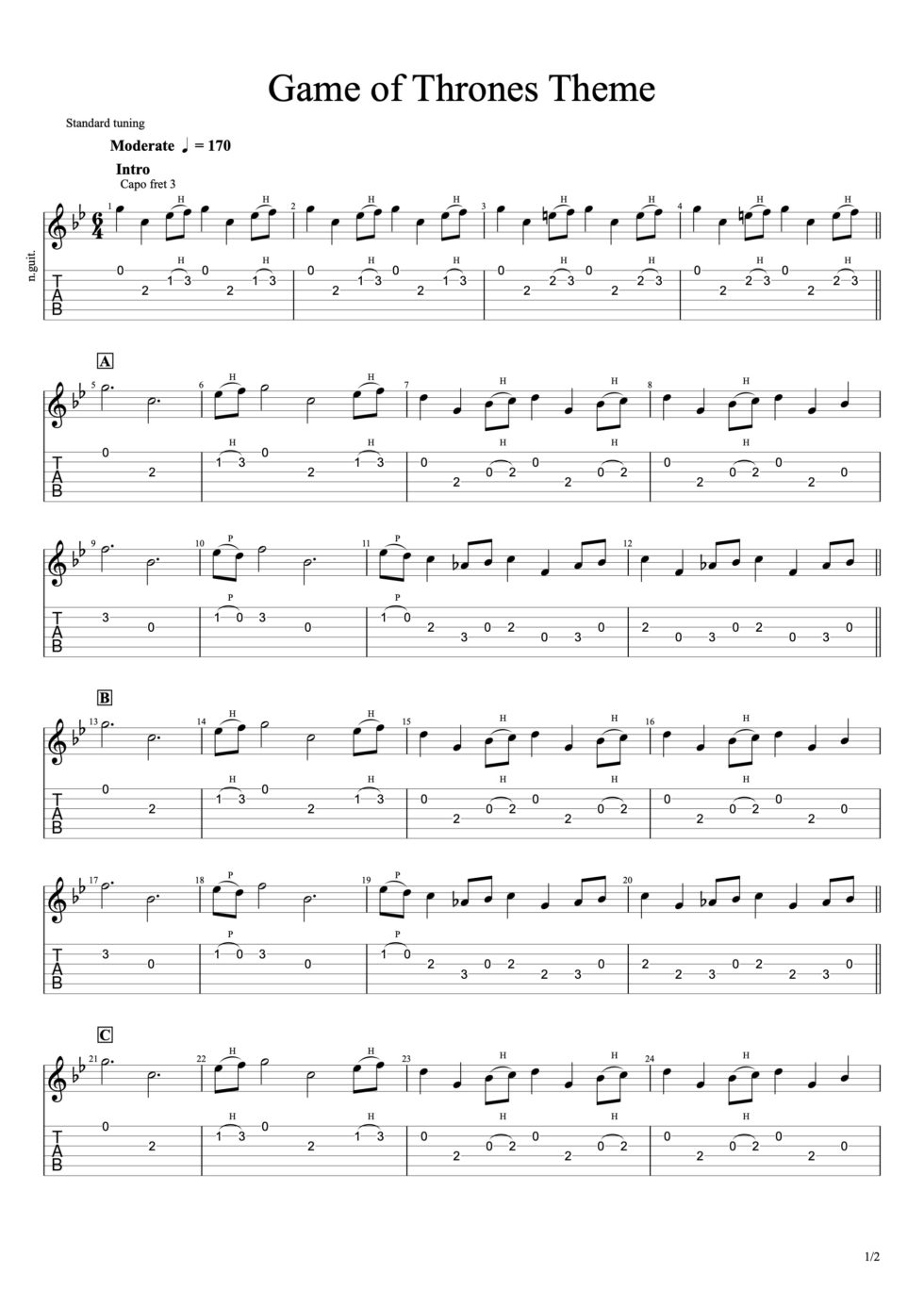 game of thrones theme song chords